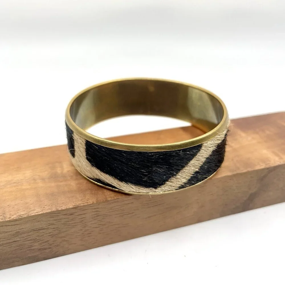 Cowhide Hair On Bangle Bracelet Gold Tone Brass Boho Western Zebra Safari Retro